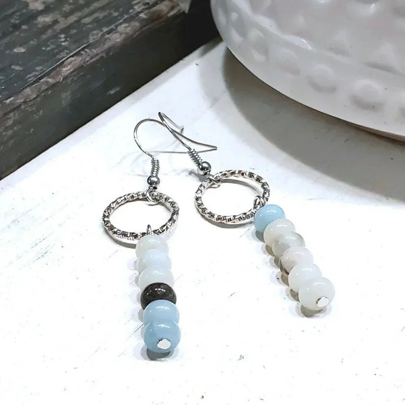 Amazonite Gemstone Rondelle Beads Textured Silver Ring Handcrafted Earrings - Picture 8 of 11